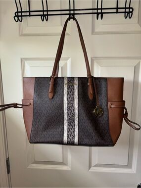 Michael Kors Brown Signature Stripe Tote with Tan Trim